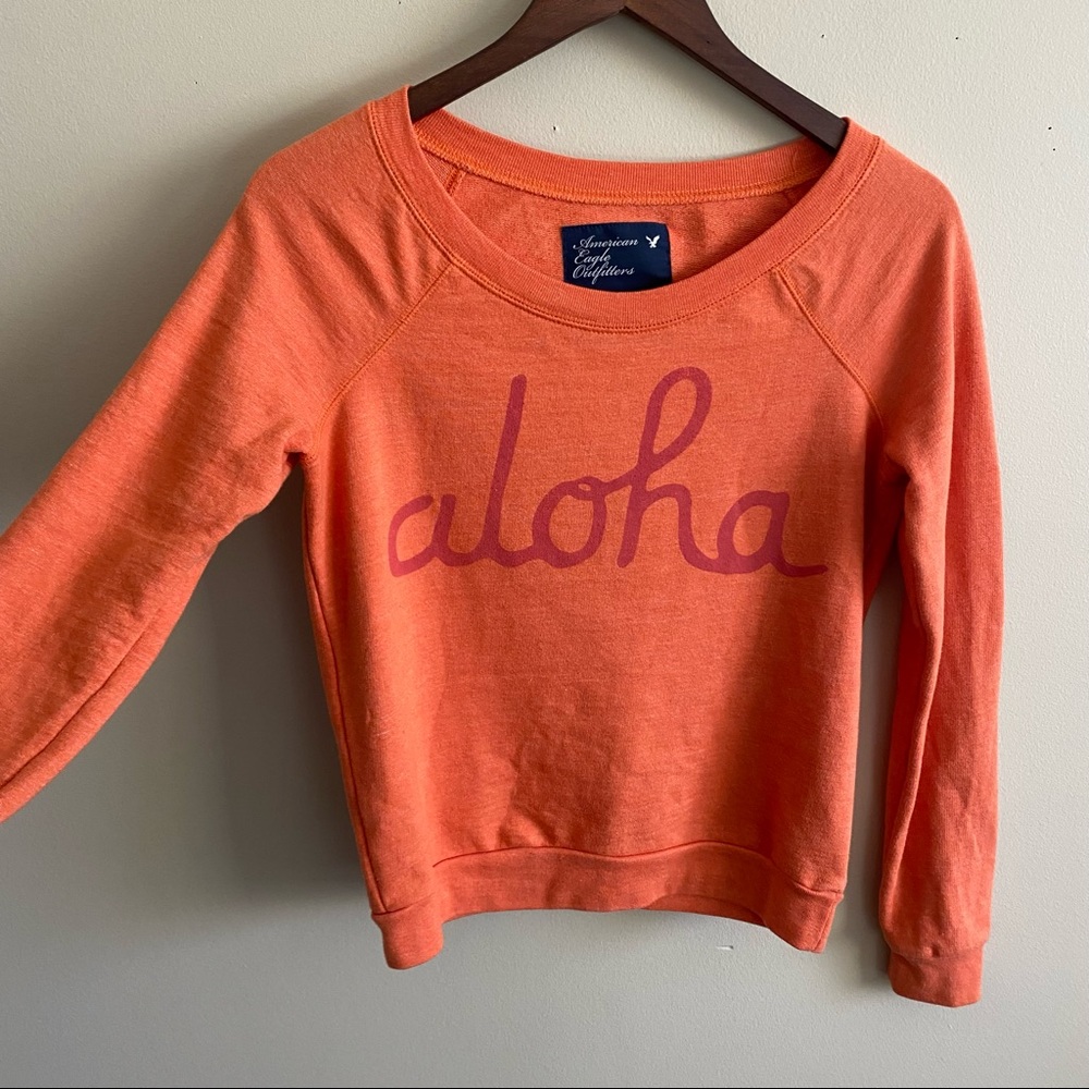 American Eagle Orange Crewneck Pullover Aloha Graphic Sweatshirt Size XS